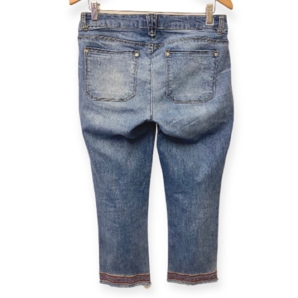 Democracy 6 Slim Straight Flood Jeans Frayed Hem Paisley Embroidered Mid Rise - Picture 3 of 13